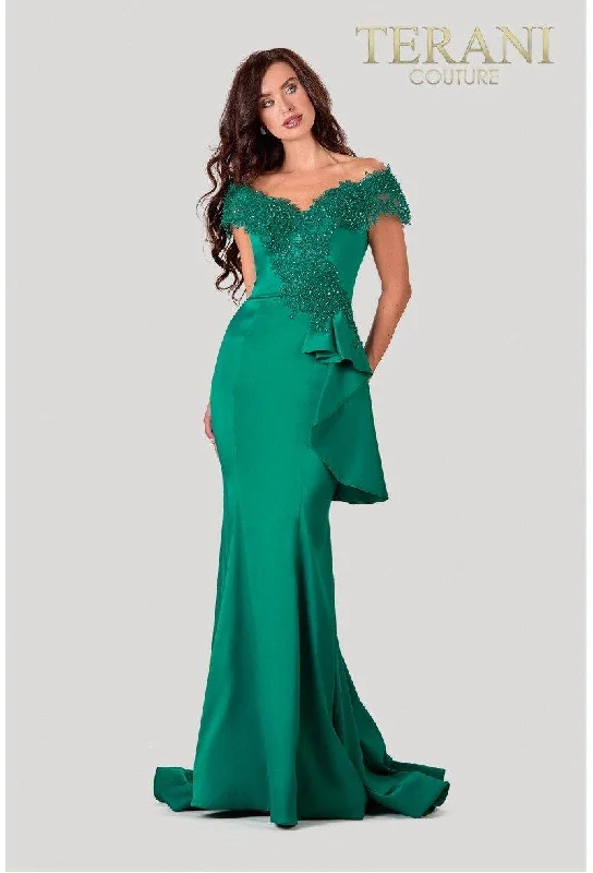 maxi dresses for cocktail partiesTerani Couture 2111M5255 Off Shoulder Formal Long Dress