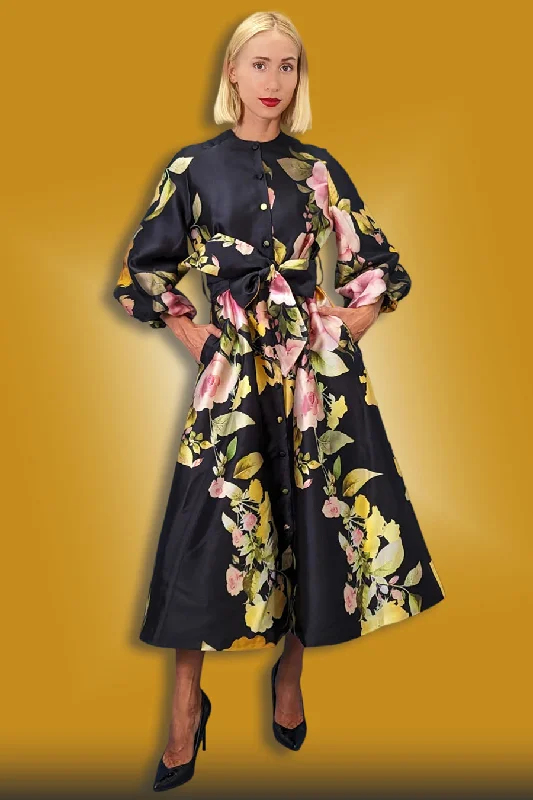 Flowery Patterned Long Sleeves DressLong Sleeve Floral Print Button Down Dress