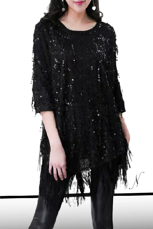 Fashionable Satin Long Sleeves DressLong Sleeve Sequin Fringe Short Dress