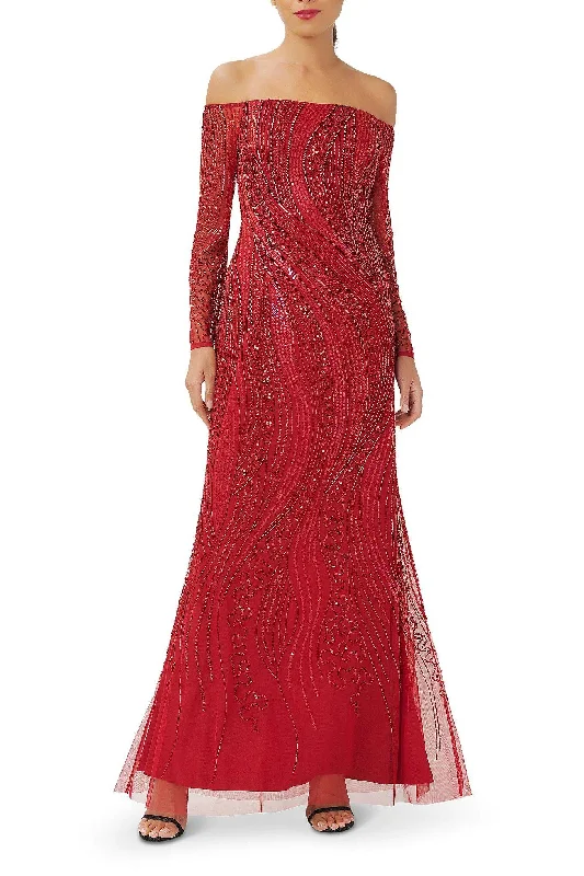 Fabulous Long Sleeves DressAdrianna Papell AP1E210117 P Off The Shoulder Long Sleeve Formal Long Beaded Dress