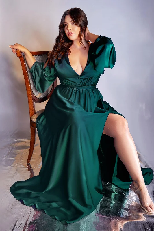 Flowing Long Sleeves Ruffle DressCinderella Divine 7475C Plus Size Formal Long Sleeve Satin Dress Emerald