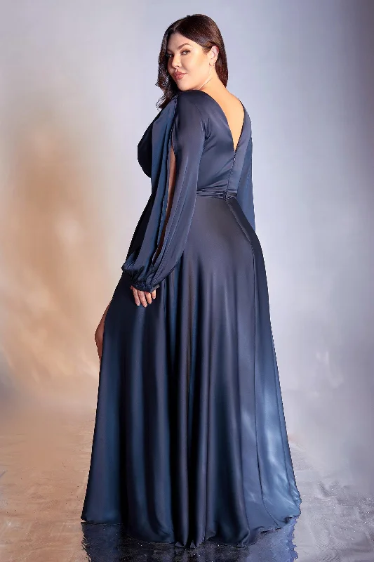 Flirty Long Sleeves Cold-Shoulder DressCinderella Divine 7475C Plus Size Formal Long Sleeve Satin Dress Navy