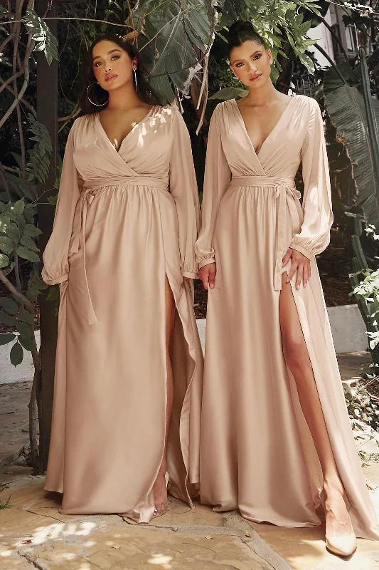 Fitted Long Sleeves High-Low DressCinderella Divine 7475C Plus Size Formal Long Sleeve Satin Dress Nude