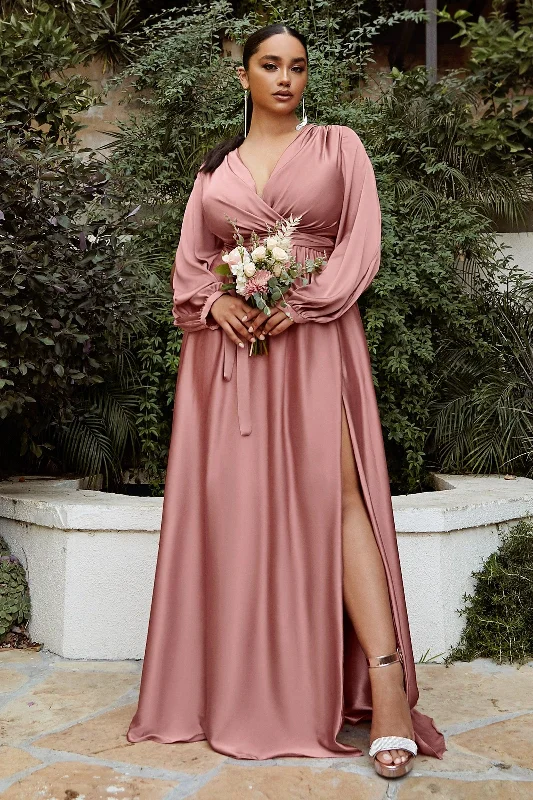 Formal Long Sleeves Bodycon DressCinderella Divine 7475C Plus Size Formal Long Sleeve Satin Dress Rose Gold