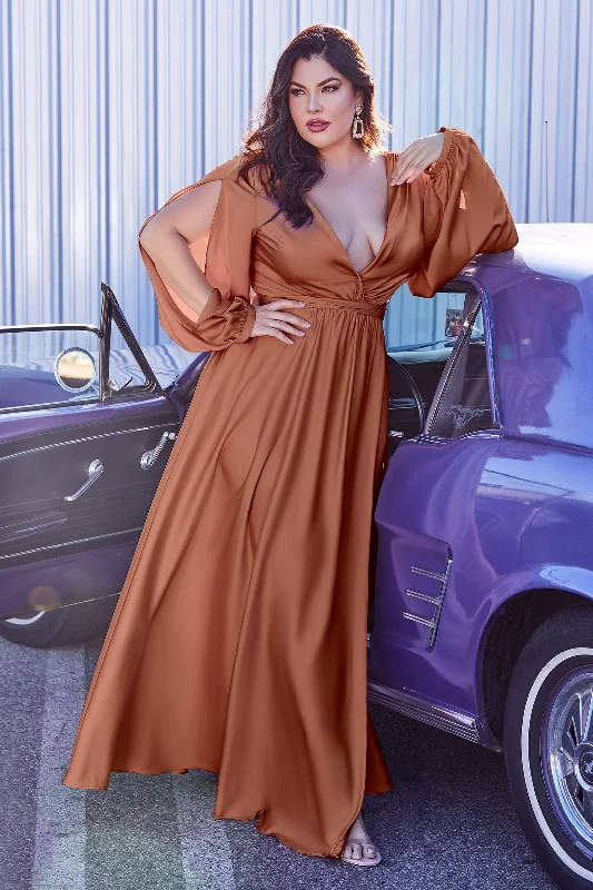 Flexible Long Sleeves Chiffon DressCinderella Divine 7475C Plus Size Formal Long Sleeve Satin Dress Sienna