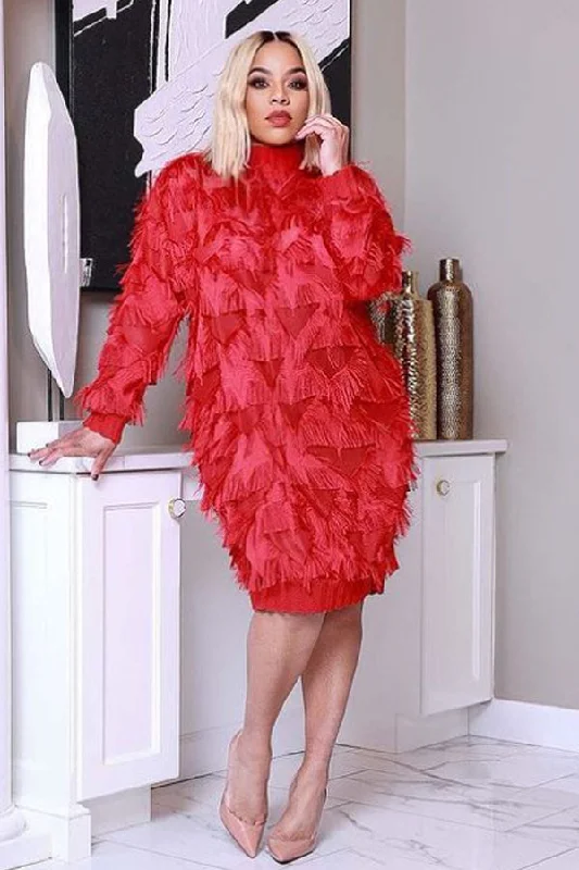 Flirty Silk Long Sleeves DressLong Sleeve Fringe Feathered Lavish High Neck Short Dress