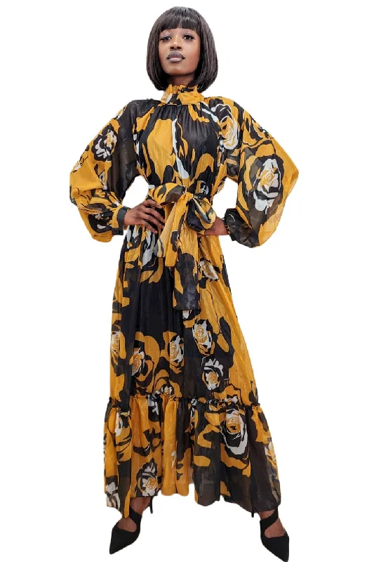 Funky Print Long Sleeves DressLong Sleeve Printed Wrap Belt High Neck Dress