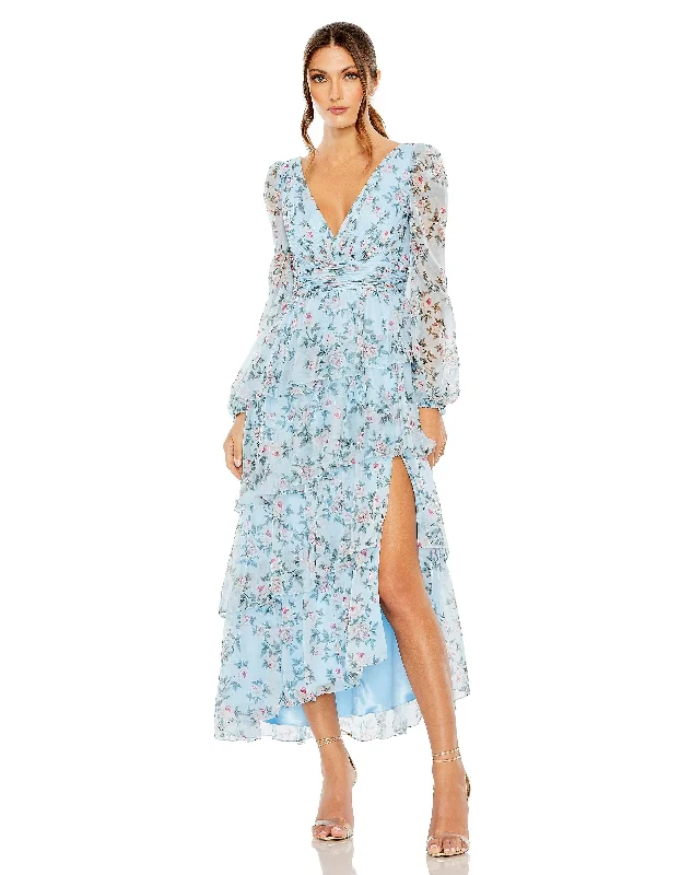 Full-Body Long Sleeves Jumpsuit DressMac Duggal 55880 Long Sleeve Floral High Low Dress