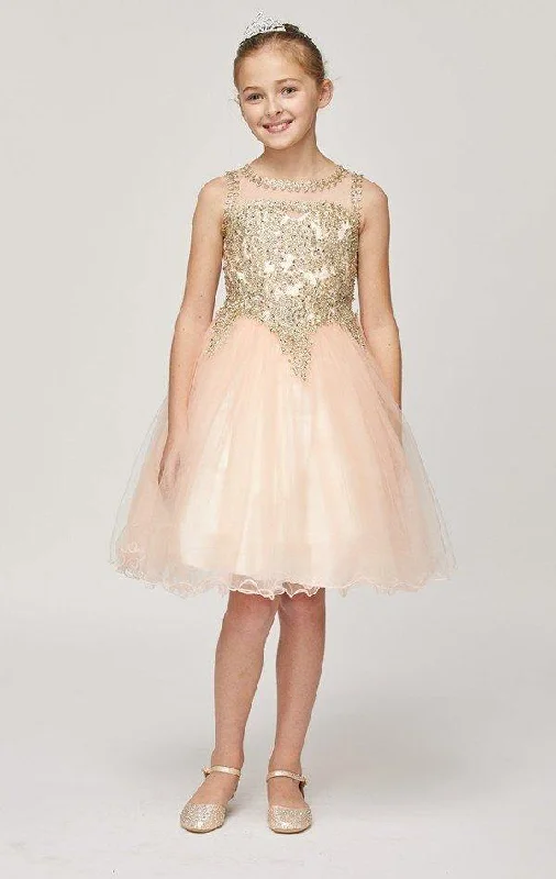 Sleeveless Dress With Sheath CutFlower Girl Dress Sleeveless Gold Embellished Short