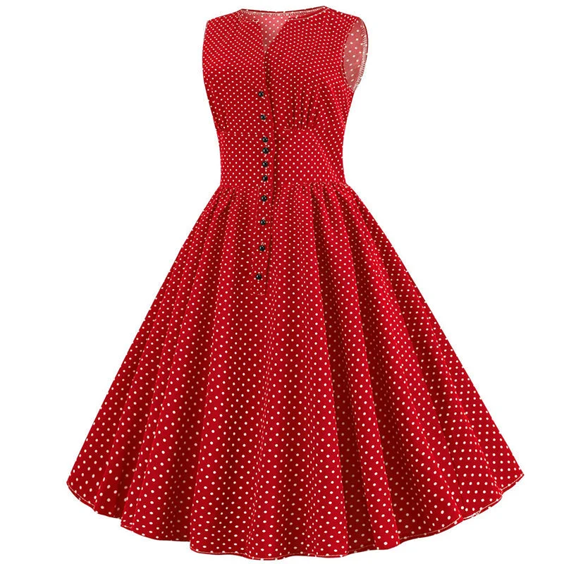 Sleeveless Dress With Adjustable StrapsBerriesJam - 2024 Polka Dot Single Breasted V Neck Sleeveless Dress