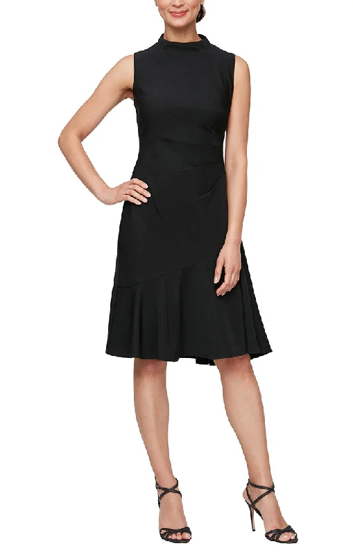 Sleeveless Dress With Short SkirtShort Sleeveless Dress with Mock Neckline & Asymmetric Seam Flounce Hem