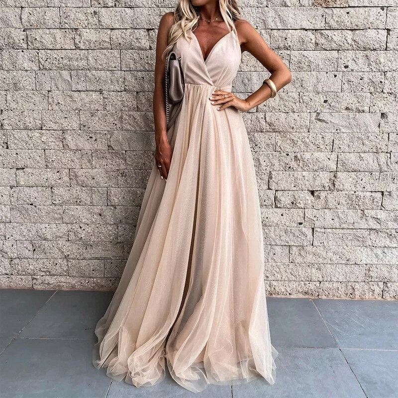 Sleeveless Dress With Sheath CutBerriesJam - 2024 Sleeveless V Neck High Waist Corset Halter Host Guest Dress