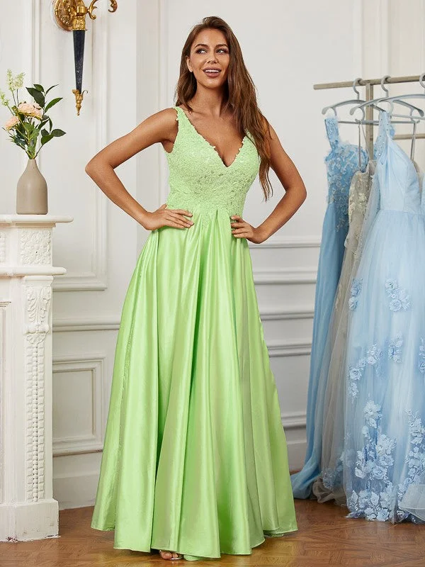 Sleeveless Dress In SatinA-Line/Princess Elastic Woven Satin Lace V-neck Sleeveless Floor-Length Dresses