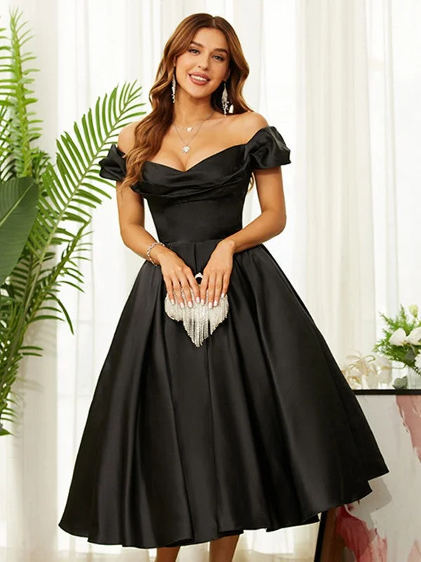 Sleeveless Dress With Sweetheart NecklineA-Line/Princess Satin Ruched Off-the-Shoulder Sleeveless Tea-Length Dresses