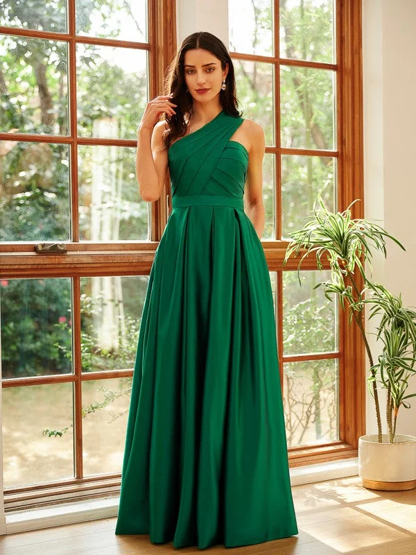 Sleeveless Dress With FlowersA-Line/Princess Satin Ruched One-Shoulder Sleeveless Floor-Length Dresses