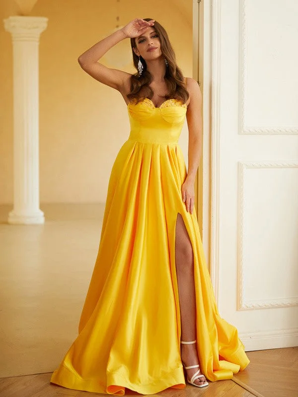 Sleeveless Dress In DenimA-Line/Princess Satin Ruffles Spaghetti Straps Sleeveless Floor-Length Dresses