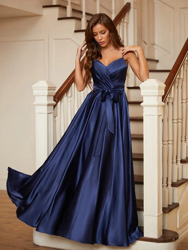 Sleeveless Dress For EveningA-Line/Princess Silk like Satin Ruffles V-neck Sleeveless Floor-Length Dresses