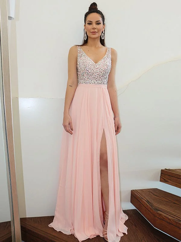 Sleeveless Dress With Asymmetric HemA-Line/Princess Straps Beading Sleeveless Chiffon Floor-Length Dresses