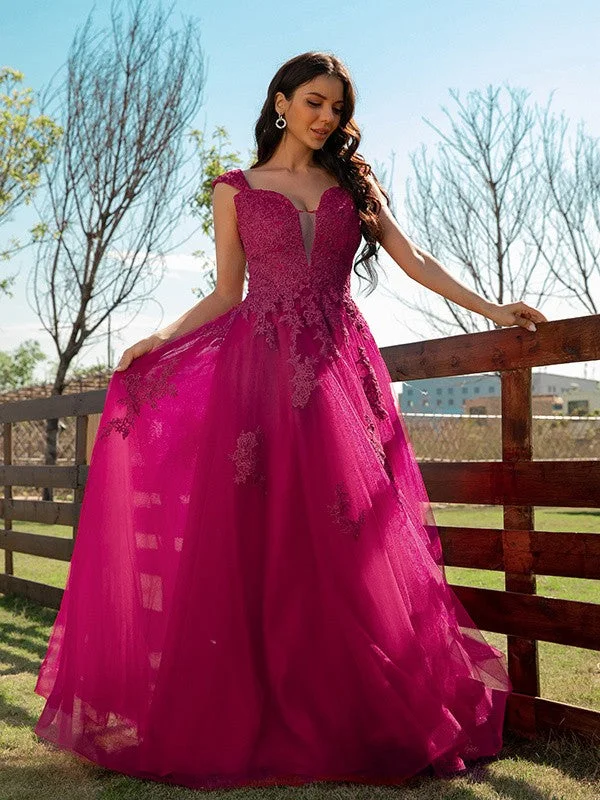 Sleeveless Dress Plus SizeA-Line/Princess Tulle Applique V-neck Sleeveless Floor-Length Dresses