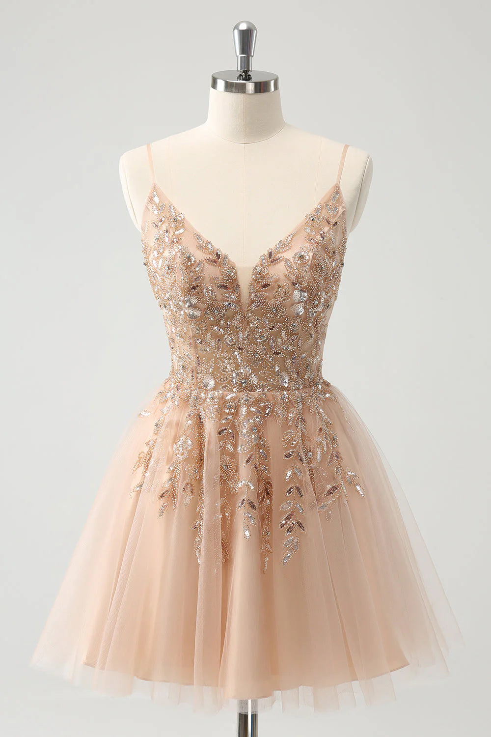 leather party dressesAmzcw Blush A Line Spaghetti Straps Sequin Tulle Homecoming Dress with Beading