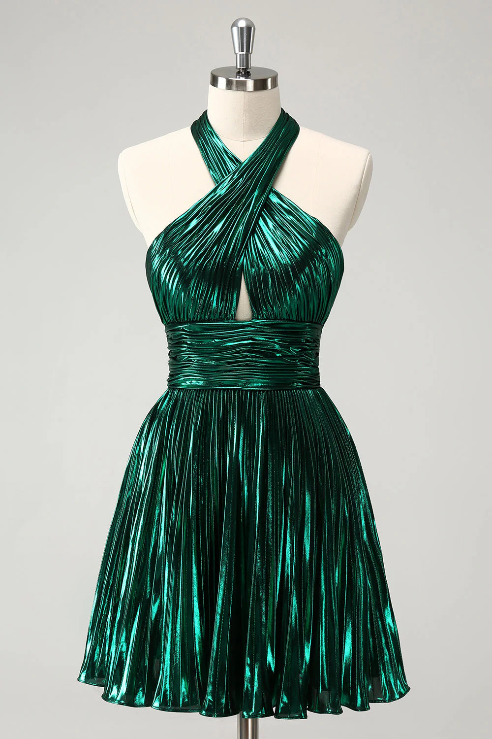 lace party dressesAmzcw Glitter Dark Green Halter A-Line Pleated Metallic Homecoming Dress