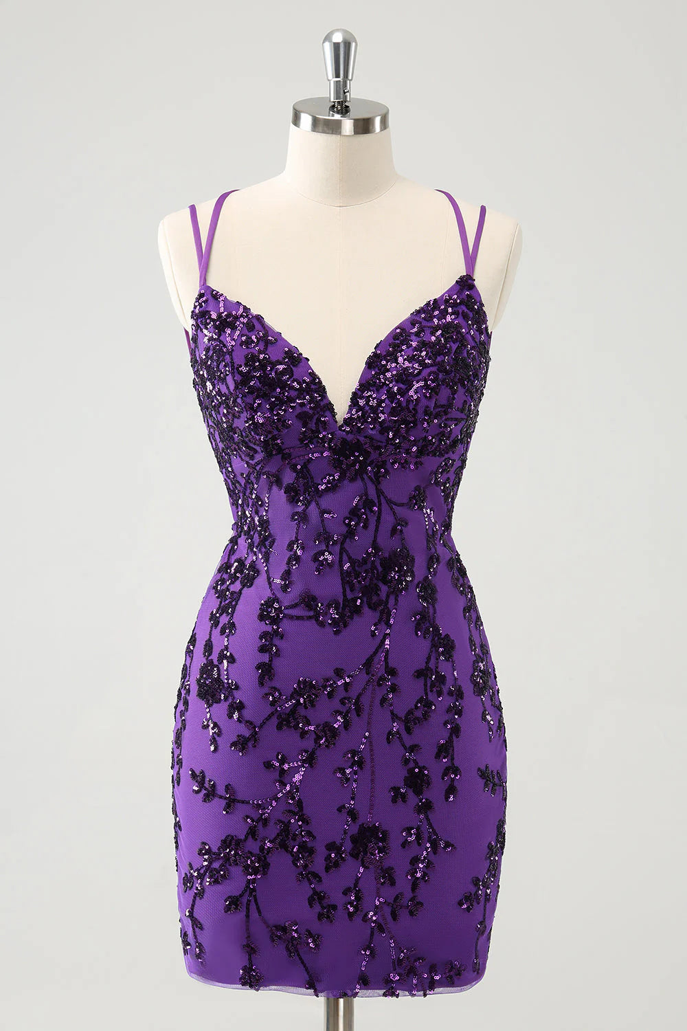 short party dressesAmzcw Sparkly Purple Spaghetti Straps Tight Short Homecoming Dress with Appliques