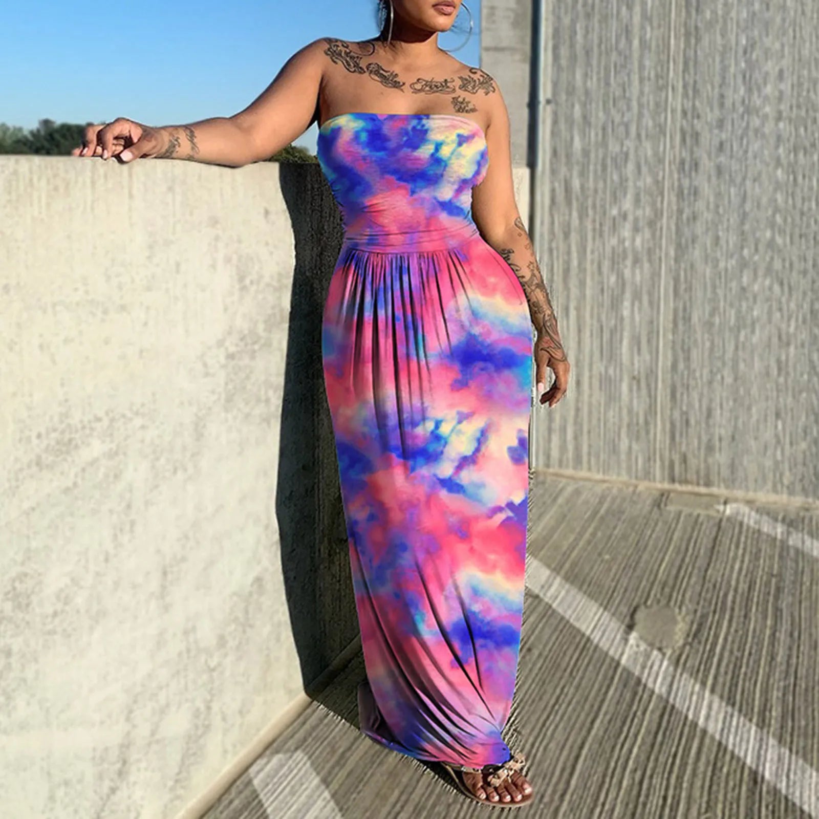 maxi dresses for mother of the groomTie Dye Print Sleeveless Strapless Long Flare Loose Floor Length Casual Sexy Outfit Beach Dress