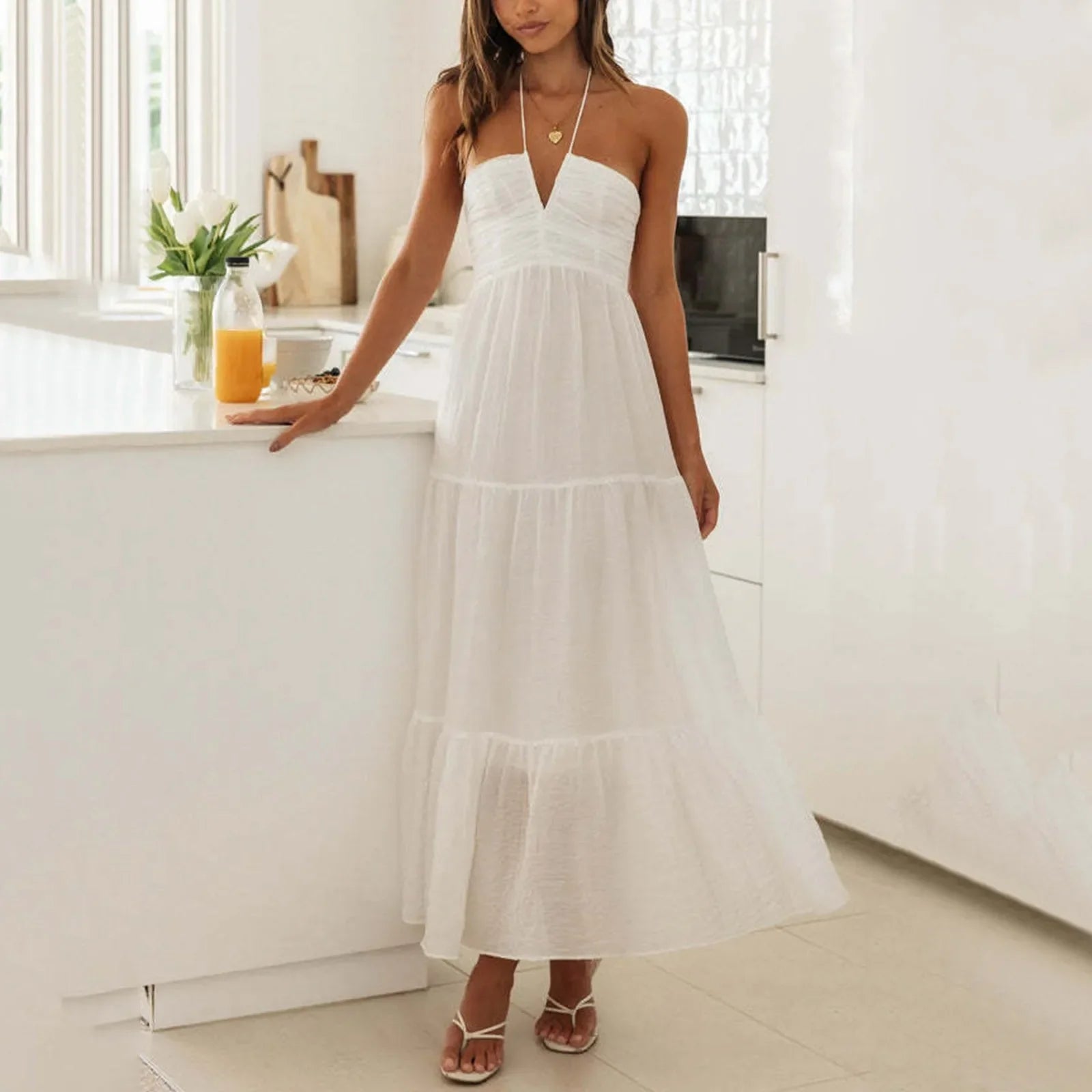 maxi dresses for flower girlsStylish Solid Color Halter Spaghetti Strap V Neck Long Chic Sleeveless Backless A-Line Dress