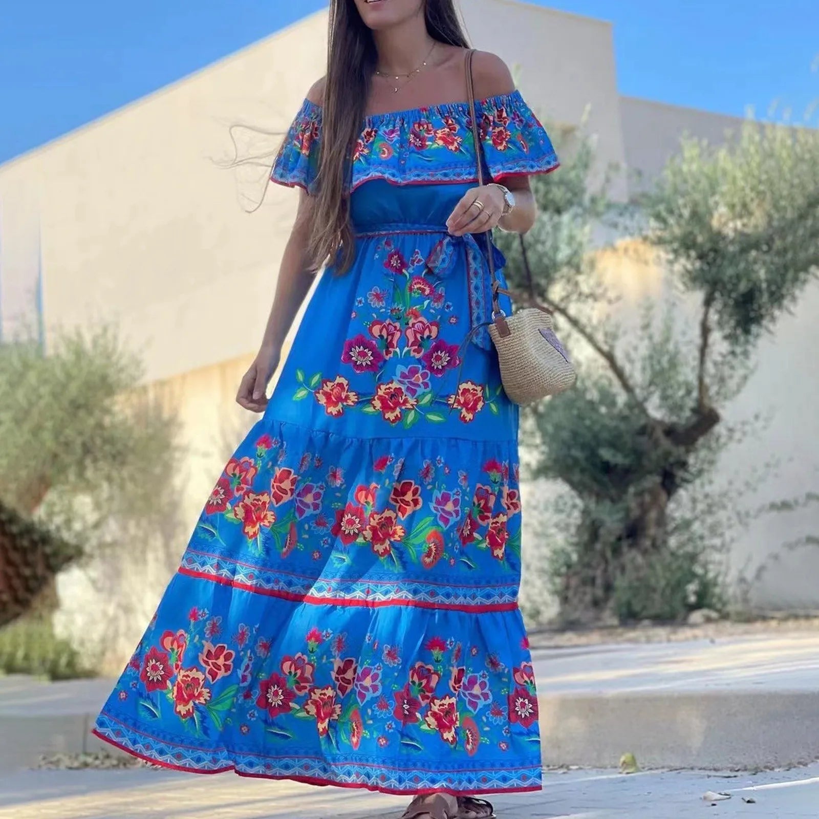 maxi dresses for girlsBohemian Slash Neck Off Shoulder Flower Print Long Swing 2024 New Summer Vintage Beach Vacation Floral Dress