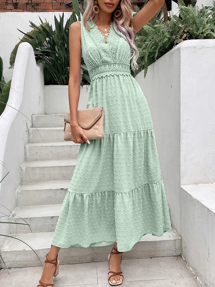 Sleeveless Dress With Geometric Prints2024 Sexy Backless Sleeveless Lace Ruffle Boho Dress