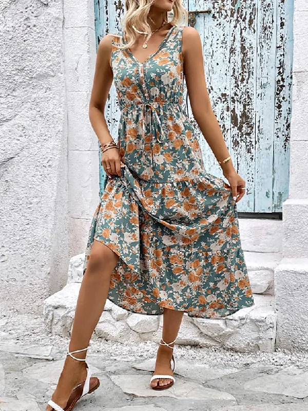 Sleeveless Dress With Polka Dots2024 Elegant Floral Sleeveless Ruffle Boho Dress