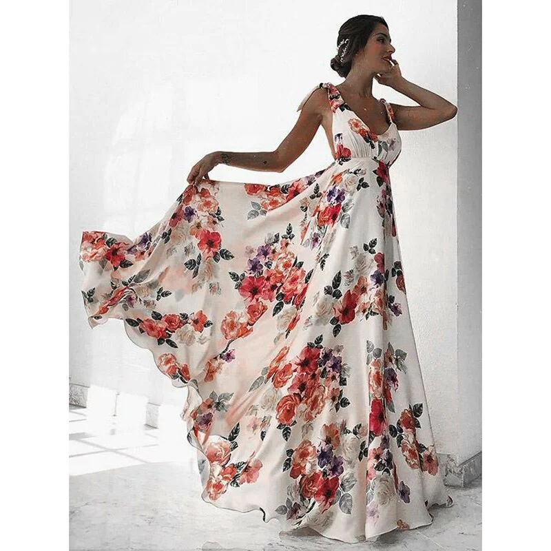 Sleeveless Dress In RayonFashionSierra - Floral Print Vacation Sleeveless V-Neck Backless Beach Dress