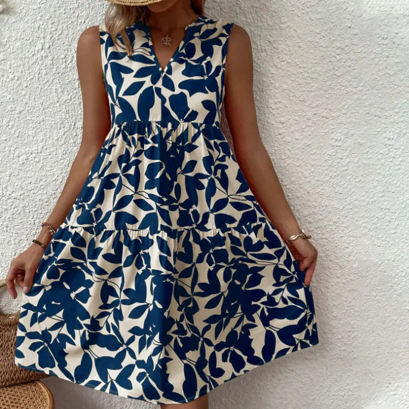 Sleeveless Dress NurseRuffle A Line V Neck Sleeveless Tank Print Women's Boho Dress