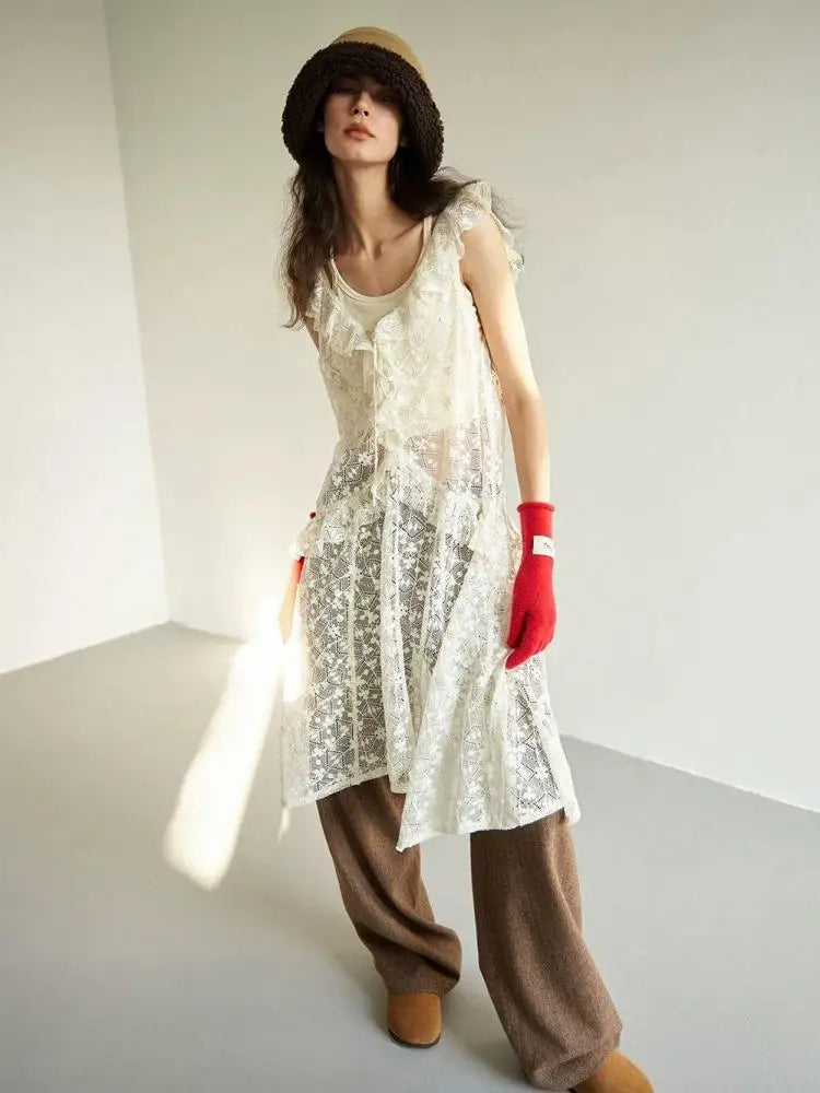 Sleeveless Dress With RufflesMori Girl Style V Neck Sleeveless See Through Floral Lace Summer Loose Lace Dress