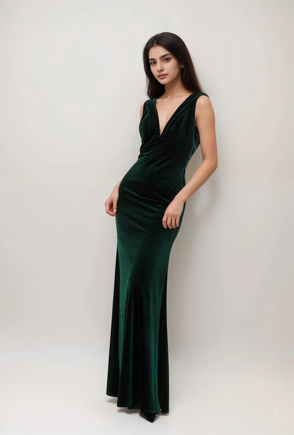 Sleeveless Dress FlaredDeep V-neck Sleeveless fit and flare velvet dress