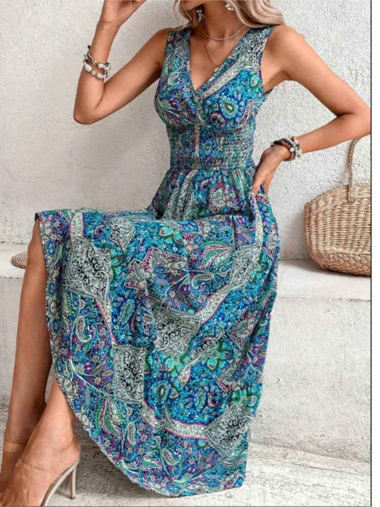 Sleeveless Dress With PatternsFashionSierra - 2024 Fashion Sleeveless Print Beach Casual Boho Dress