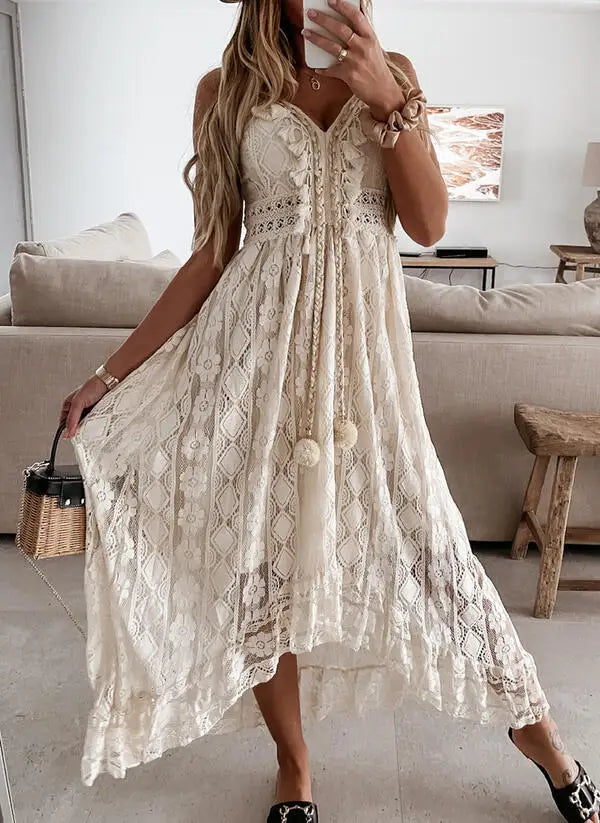 Sleeveless Dress GraduationFashionSierra-Sexy  Sleeveless  Backless  Irregular Strap  Women  Robe  Vintage  Tassel  Floral Lace  Summer  Beach  Vestidos Boho Dress