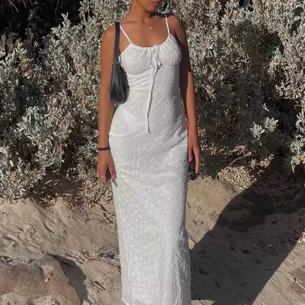 Sleeveless Dress Flower GirlFashionSierra-Vintage  Cotton White Embroidery  Strap  Lace  Women  Sexy  See through  Sleeveless  Beach  Summer  Vestidos Boho Dress