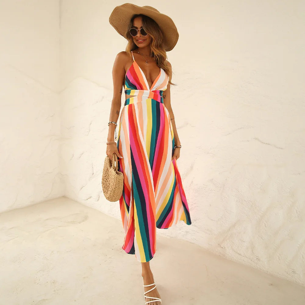 Sleeveless Dress CroppedFashionSierra-Vintage  Striped  Sleeveless  Women  Beach Wear  Deep V  Oversize  Summer  Sexy  Backless Boho Dress