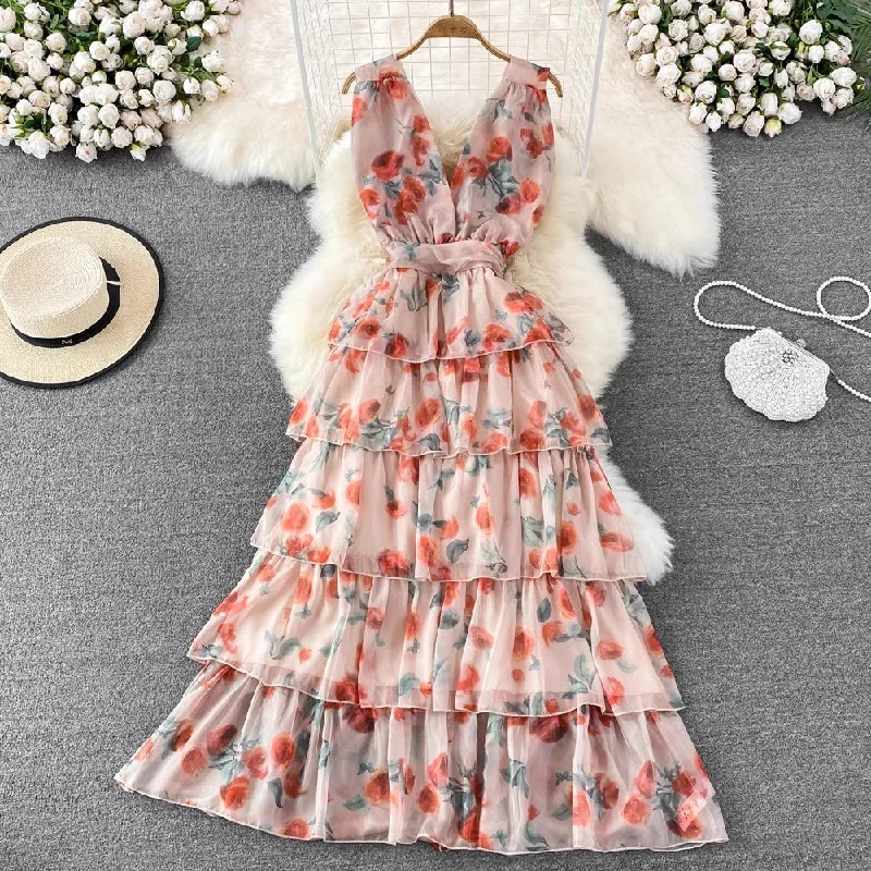 maxi dresses for teensFloral Long Skirt Sweet Sleeveless A-Line Chiffon Dress     S4323