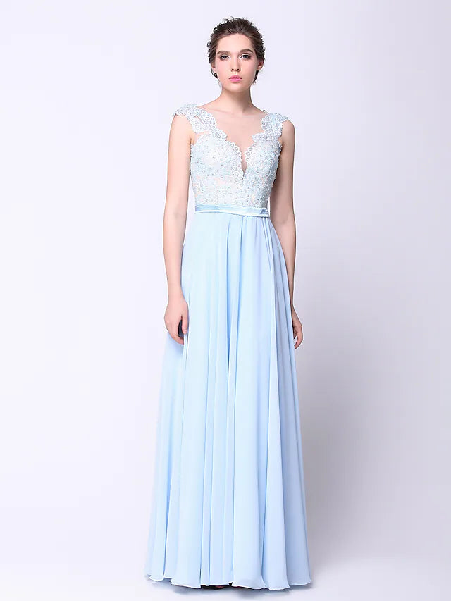 Sleeveless Dress MinimalistOpen Back Dress Holiday Floor Length Sleeveless Plunging Neck Chiffon with Beading Appliques