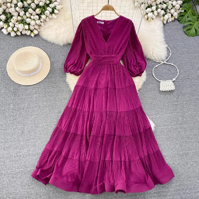 maxi dresses for pool partiesPuff short-sleeved V-neck A-line chiffon dress Elegant long skirt      S4285