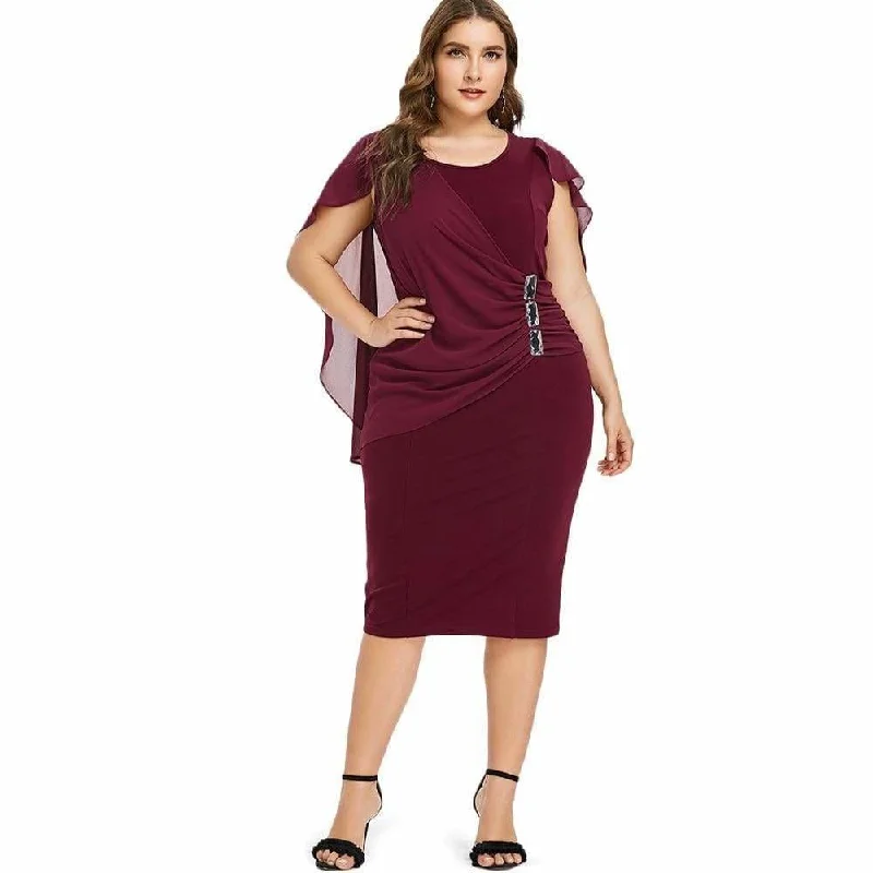 Sleeveless Dress In WovenFashionSierra - Rhinestone Ruched Embellished Capelet Dress O-Neck Sleeveless Plus Size