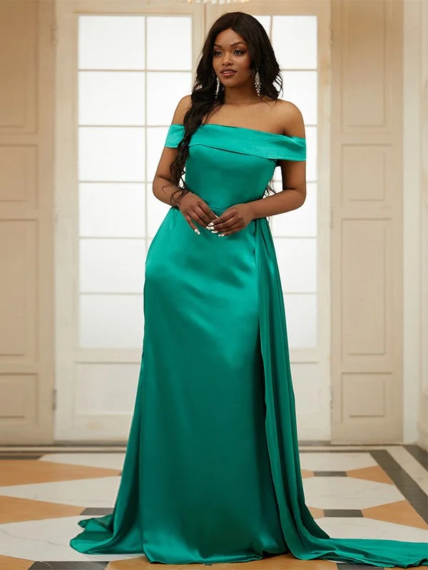 Sleeveless Dress With Backless DesignSheath/Column Silk like Satin Ruffles Off-the-Shoulder Sleeveless Sweep/Brush Train Dresses