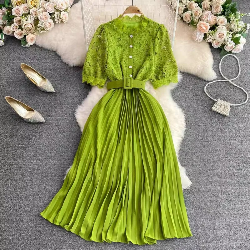 maxi dresses for mother of the brideshort-sleeved round-neck lace pleated dress elegant long skirt     S4312