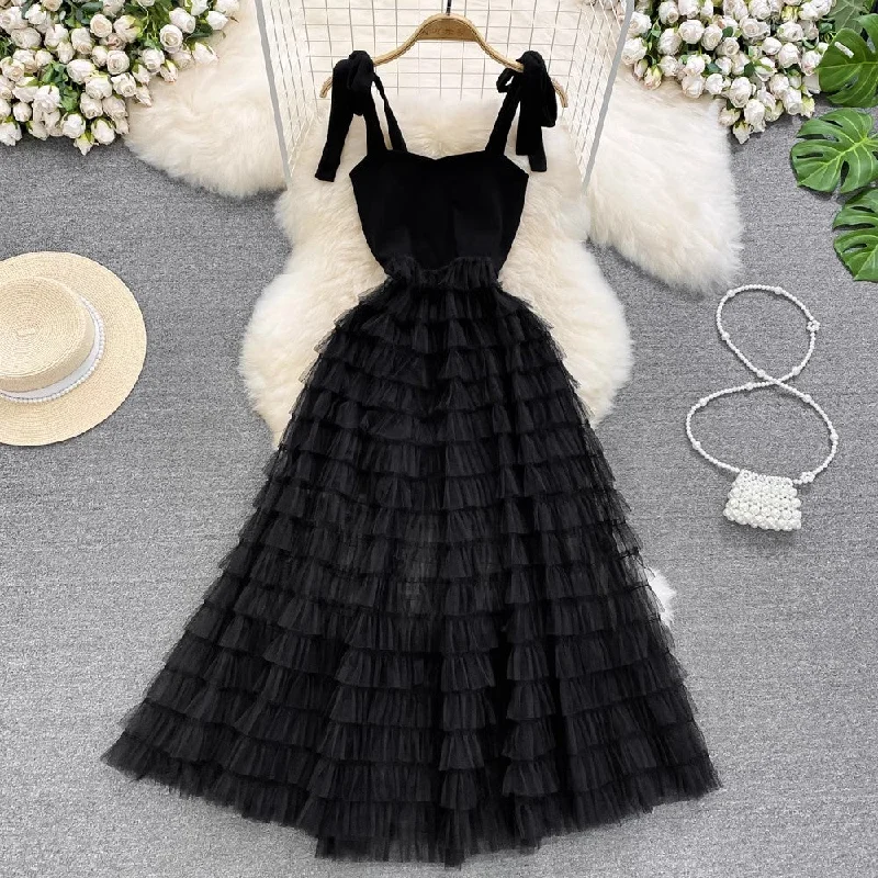 maxi dresses for music festivalsStylish bow long suspender skirt A-line mesh cake dress     S4279