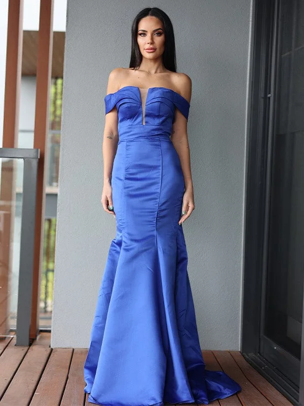 Sleeveless Dress With Mermaid TailTrumpet/Mermaid Satin Ruffles Off-the-Shoulder Sleeveless Sweep/Brush Train Dresses