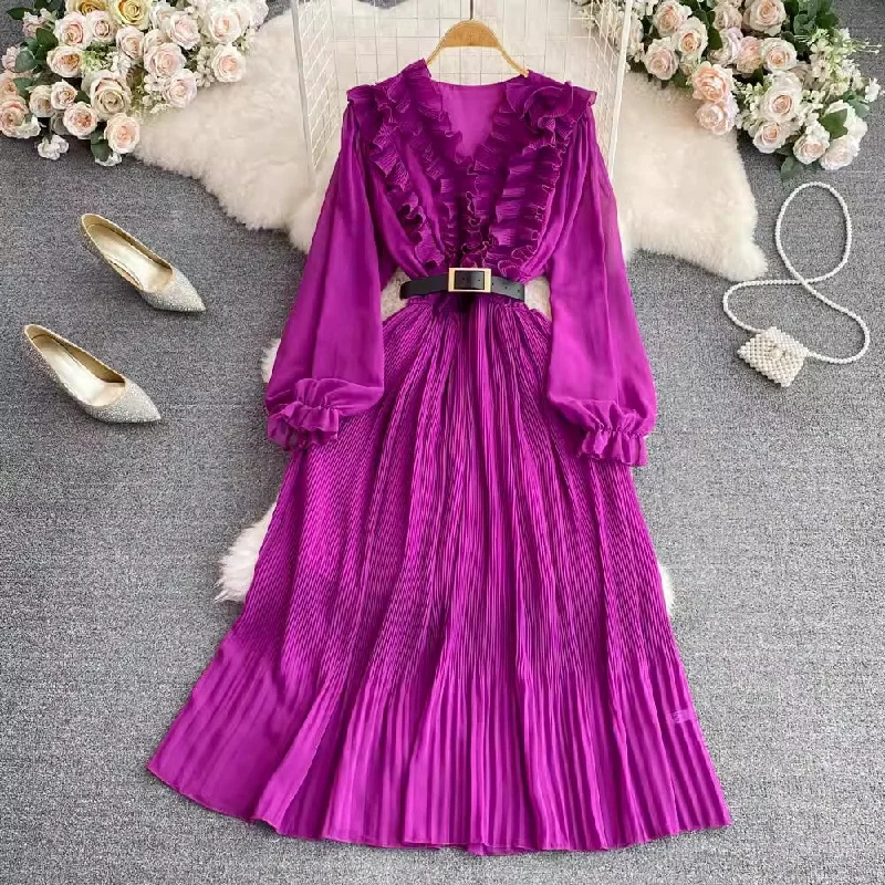 maxi dresses for semi-formal eventsV-neck ruffled puff long-sleeved A-line pleated dress      S4301