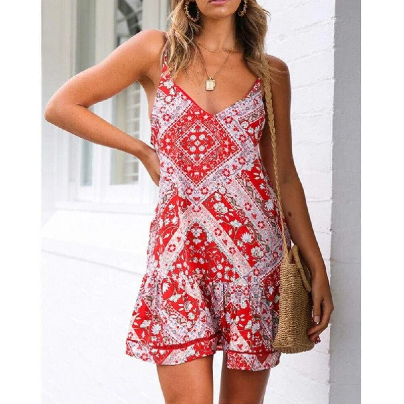 Sleeveless Dress With RufflesFashionSierra - Women Boho Floral Dress Sleeveless Beach Dress Sundress Summer Deep V Neck Backless Loose Dresses