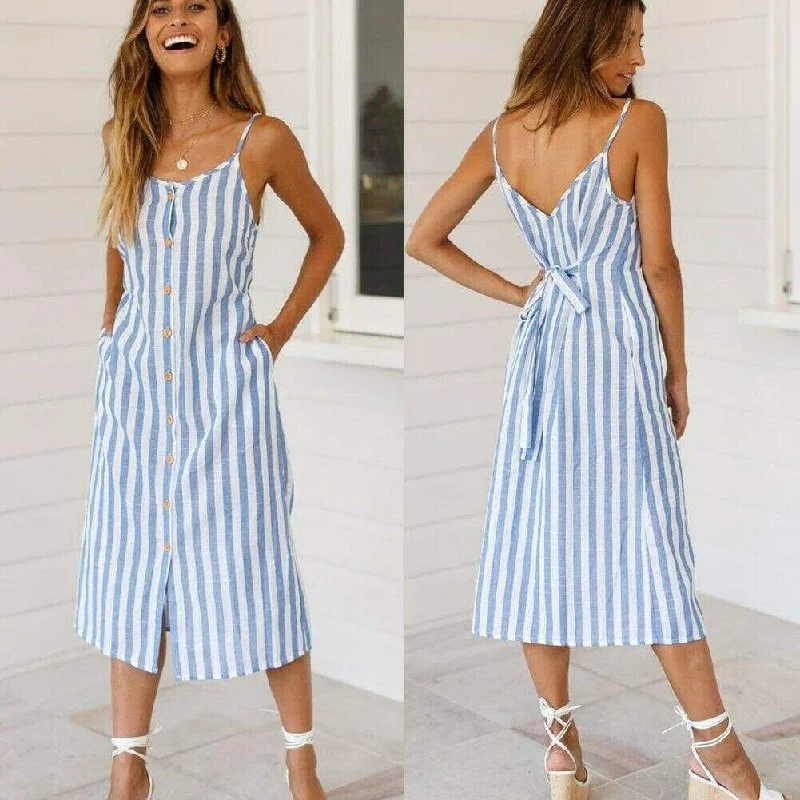 Sleeveless Dress With PearlsFashionSierra - Women Holiday Strappy Button Stripe Dress New Fashion Summer Ladies Beach Casual Sleeveless High Waist Sun Dress Hot